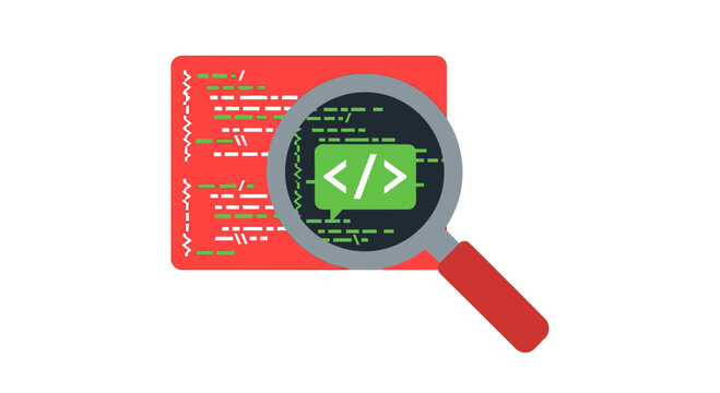 Software Code Review and Debugging Concept: Magnifying Glass Inspecting Programming Script, Web Development, and Cybersecurity Vulnerabilities