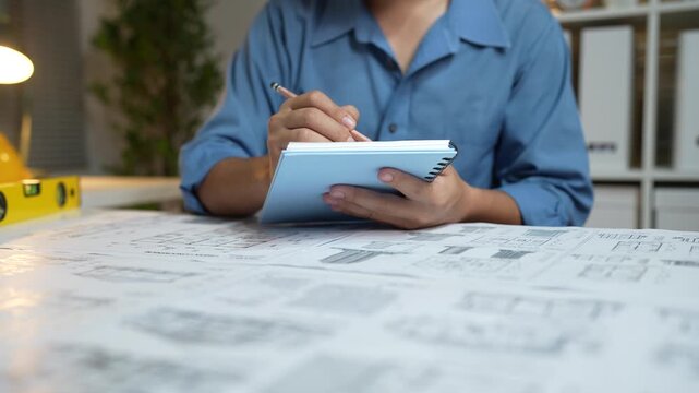 An architect drafts a residential floor plan at a desk with a miniature house model, blueprints, and design tools in a modern workspace.