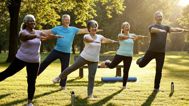 Senior group practices yoga tree pose on stilts in park. Five people balance on wooden stilts during outdoor exercise. Seniors do yoga pose on stilts. Group fitness with stilts in sunny park.
