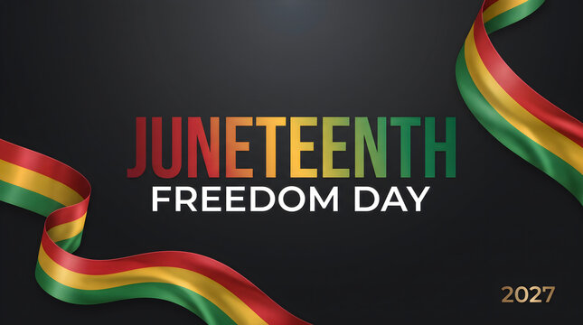 Juneteenth freedom day celebration with colorful ribbon and dark background