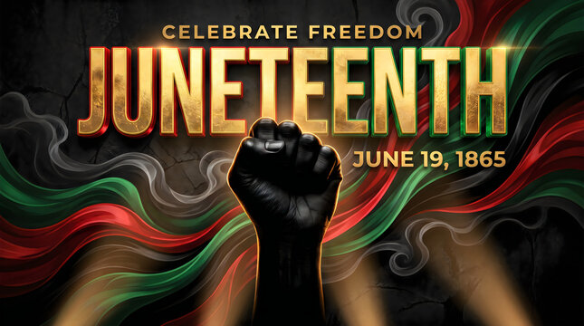 Juneteenth celebration with raised fist and vibrant colors representing freedom and liberation