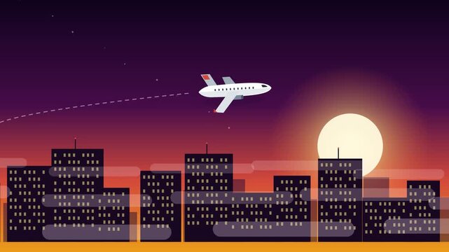Flat vector animation of an airplane flying over a modern city skyline at night with a large glowing moon