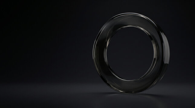 Minimalist dark studio interior featuring a sleek tilted dark glass toroid ring standing upright on a smooth dark surface for modern luxury abstract design concepts