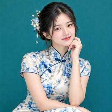 Young woman in traditional floral qipao dress posing thoughtfully