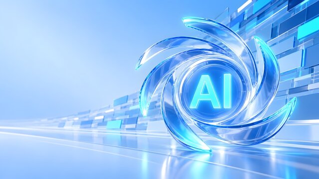 Artificial intelligence symbol inside glowing glass spiral vortex representing machine learning and data processing