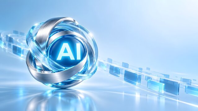 Futuristic artificial intelligence core with glowing text inside metallic glass sphere and digital tech background