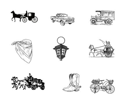 Set of vintage transport and western themed line art illustrations with transparent background in PNG format