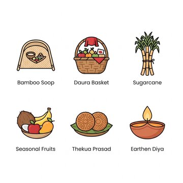 Festive icon set featuring bamboo soop daura basket sugarcane seasonal fruits and diya light.