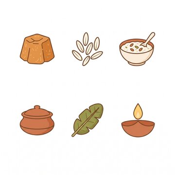 Traditional south indian food icons set featuring pongal pot and banana leaf on white background.
