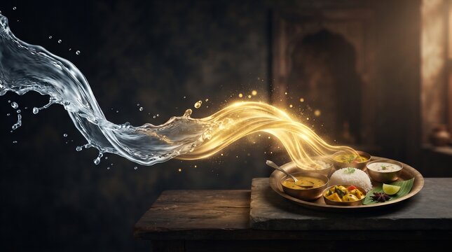 Dynamic water splash merging with golden light over traditional indian meal thali on table.