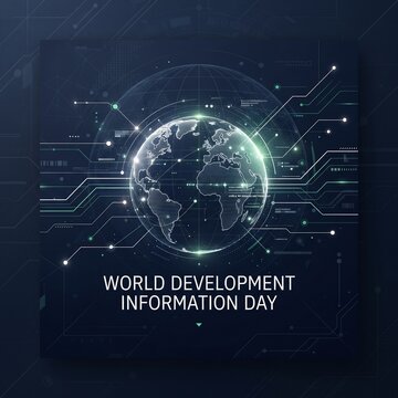 Digital grid earth with circuit board lines for world development information day branding.
