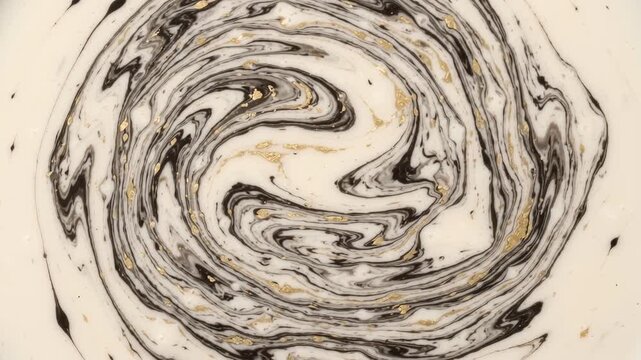 Black ink and gold flakes swirling in marbling pattern on cream background, abstract fluid art motion background