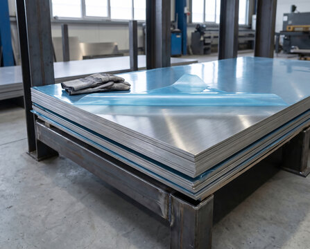 Stack of brushed stainless steel sheets with peeled blue protective film on a steel rack in a workshop