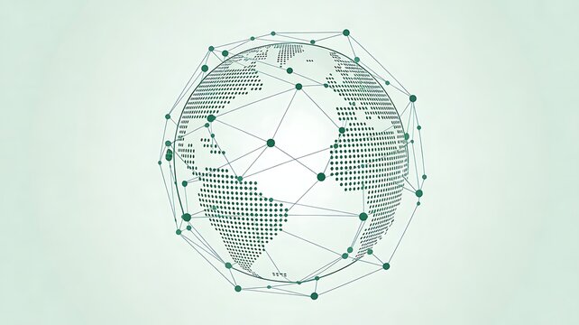 Abstract green digital globe constructed from connected dots and lines showing a futuristic network structure rendered on transparent background