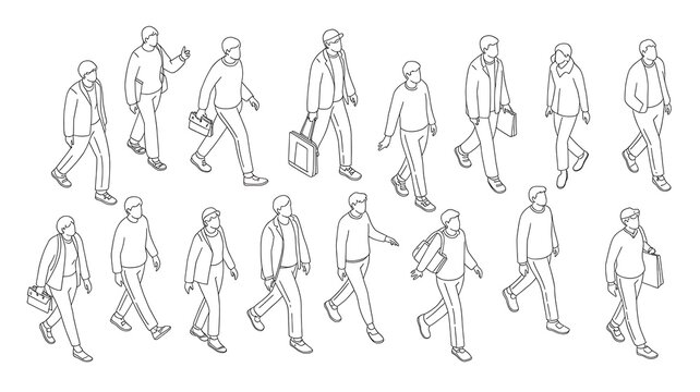 Isometric people line art figures  Diverse group walking and commuting in various poses for architectural entourage CAD drawing site visualization