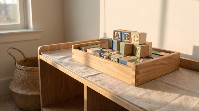 Charming wooden nursery shelf featuring educational abcd blocks in a sunny room with natural morning light.
