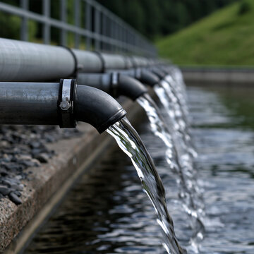 Elegant photo of Fresh water pouring from metal pipes into an outdoor reservoir. Concept for water supply management and environmental conservation projects.