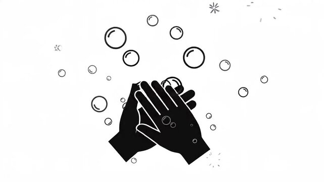 Hand washing hygiene vector animation video footage with floating soap bubbles and sparkling clean hands