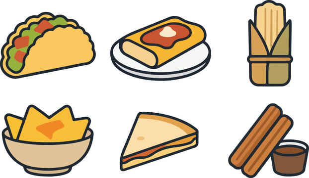 Mexican Food Icon Set with Taco, Enchilada, Tamale, Nachos Bowl, Quesadilla and Churros with Chocolate Dip Illustration Vector