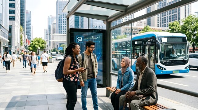 Diverse group of people standing and sitting near a glass covered bus shelter as a contemporary city bus arrives  surrounded by pedestrians and high rise structures under bright daylight