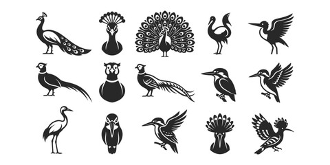 Fototapeta premium Collection of decorative bird silhouettes and ornamental avian icons for design projects and creative graphic art