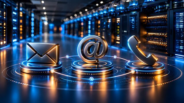 3D glowing metallic contact us icons with email phone and address symbols in a dark futuristic data center server room representing IT network support
