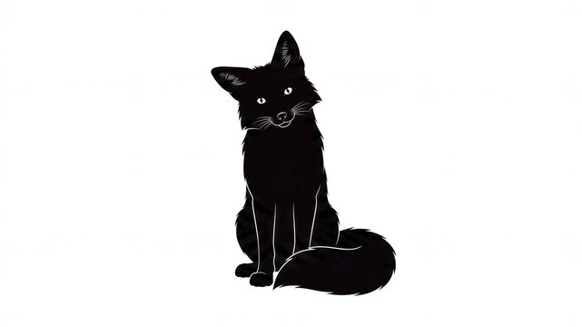 Black fox sitting down and moving its head in graphic animation video clip