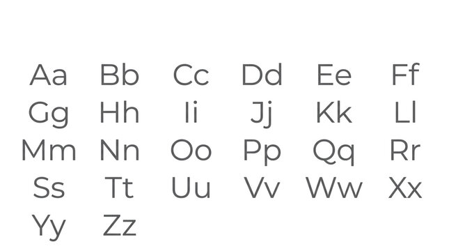 Minimalist monochrome alphabet grid featuring uppercase and lowercase sans-serif letters for educational materials and classroom posters