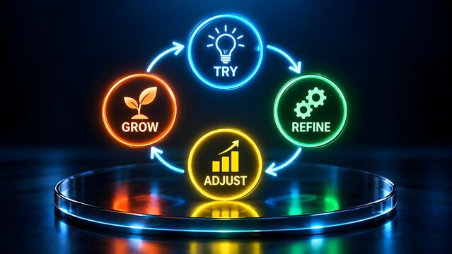 3D glowing continuous improvement cycle with try refine adjust grow concepts representing agile business development and strategic innovation process