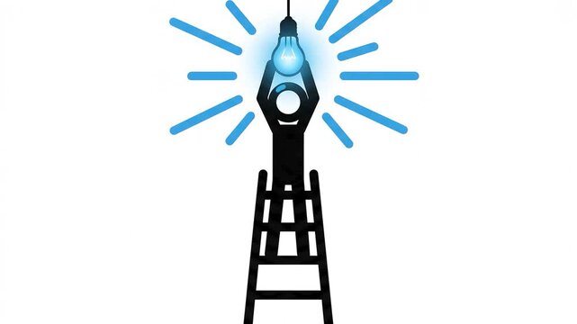 Stick figure standing on ladder screwing in glowing light bulb in animation video clip
