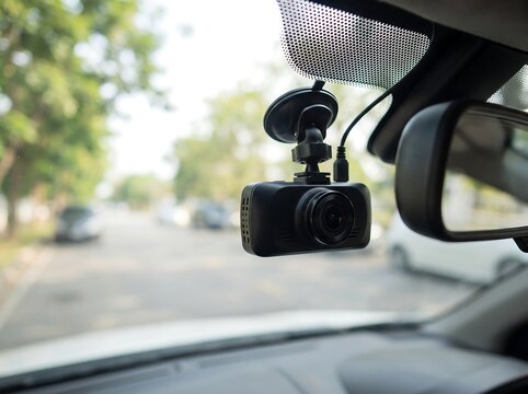 Dash cam mounted on car windshield near rearview mirror recording the road, vehicle safety camera, driving security, traffic video recorder and transportation technology concept