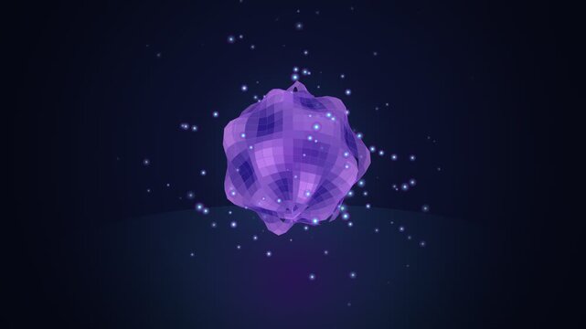 Purple glowing morphing sphere with blue particles in dark space. 4K