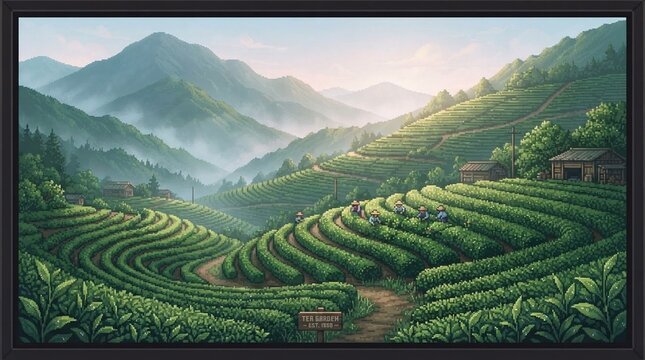 Scenic green tea plantation terraced fields on a misty mountain slope during early morning in pixel art style