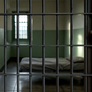Elegant photo of A view through metal prison bars into a dimly lit jail cell with a bed. Concept for justice, crime, or incarceration themes.
