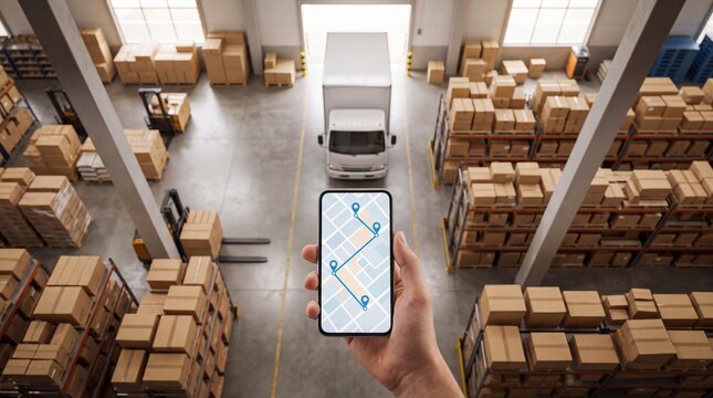 Close-up of a hand holding a smartphone displaying a logistics and navigation map app inside a large distribution warehouse with cardboard boxes, a delivery truck, and industrial equipment.