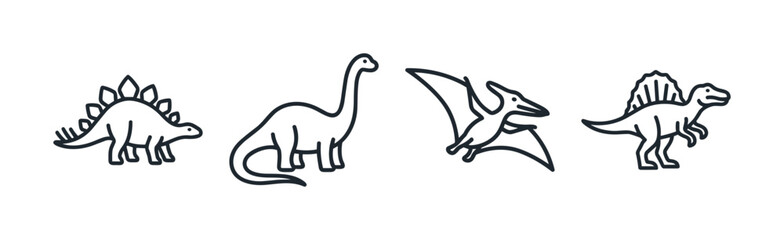 A playful set of cartoon dinosaurs and pterosaurs, showcasing a stegosaurus, brontosaurus, flying pterosaur, and spinosaurus, all in simple lines on a white background © Надія Кускова