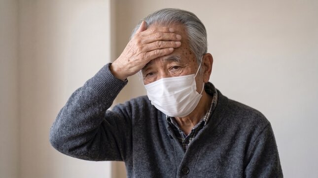 マスクをした高齢男性が額に手を当てて体調を確認する