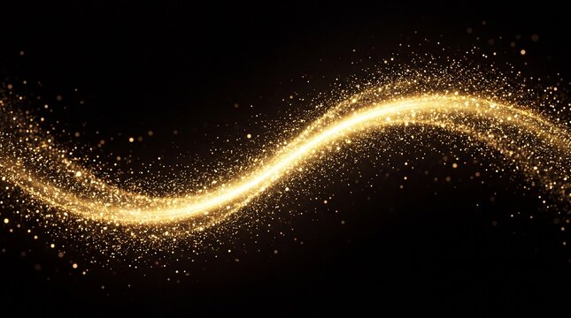 Elegant horizontal wave of golden glitter particles and glowing light trail on black background, luxury abstract sparkles for Christmas, celebration, and premium design backdrops.