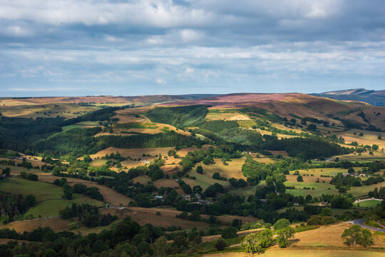 Stunning Peak District landscape from Surprise View with vibrant heather and dappled sunlight over the hills