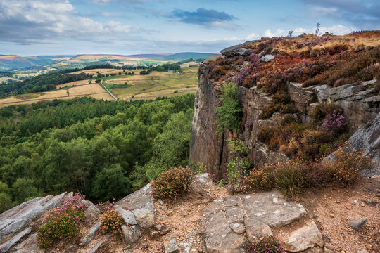 Stunning Peak District landscape from Surprise View with vibrant heather and dappled sunlight over the hills