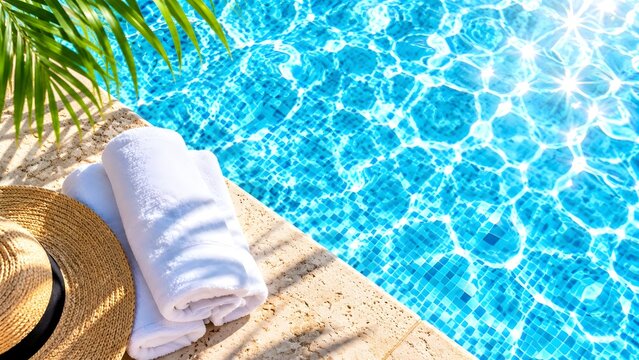 Relaxing poolside scene with straw hat rolled white towels and palm frond casting shadows next to sparkling blue water