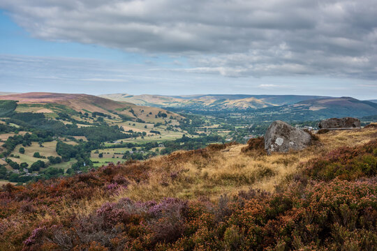Stunning Peak District landscape from Surprise View with vibrant heather and dappled sunlight over the hills