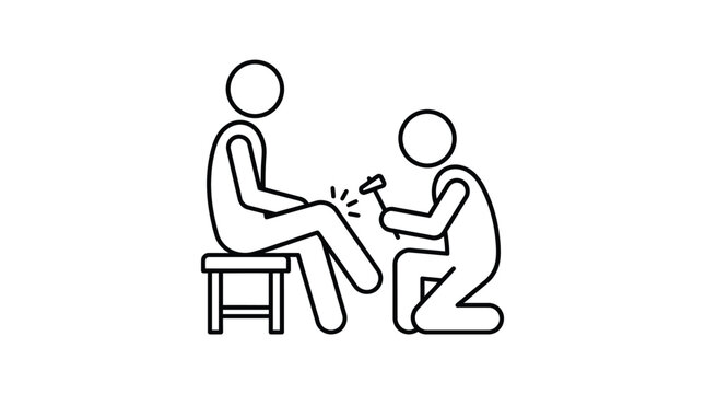 Medical doctor testing patient knee reflex with reflex hammer in vector outline line art style