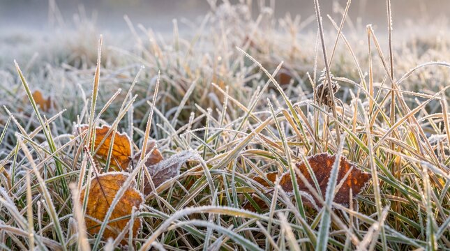 Frost on autumn grass with fallen leaves in cold morning light