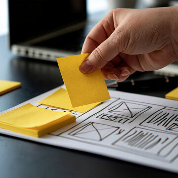 Elegant photo of A hand places a yellow sticky note on a website wireframe sketch at a desk. Professional UI UX design concept for creative software development projects.