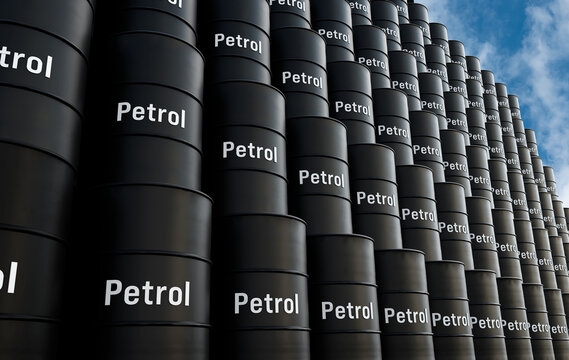Staked black petrol barrels, fuel, commodity, energy, oil and gas industry. Refinery, energy crisis, fuel and power generation, oil production.