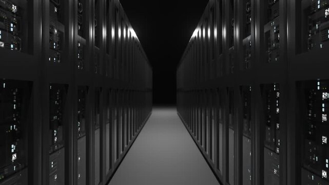 Server rack rows in futuristic datacenter room with cloud computing infrastructure and database storage system