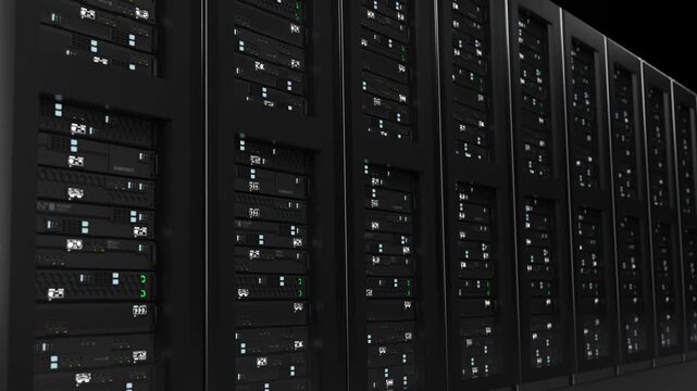 Server rack rows in futuristic datacenter room with cloud computing infrastructure and database storage system