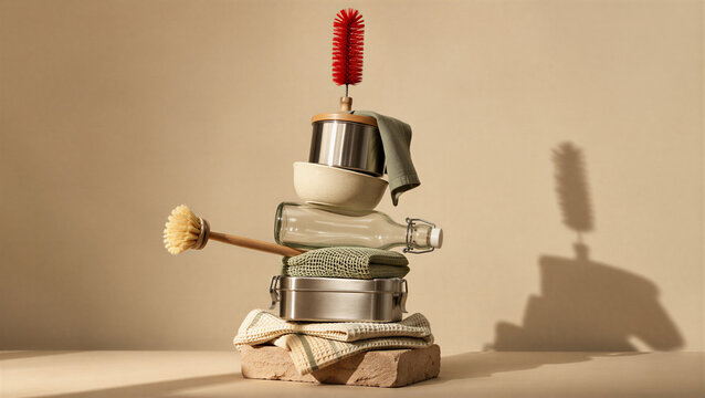Stack of eco-friendly cleaning supplies and reusable kitchenware. Fragile balance concept with zero waste household items on beige background. Copy space for text