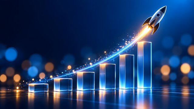 Silver space rocket launching over ascending glass bar charts symbolizing rapid business growth and startup success